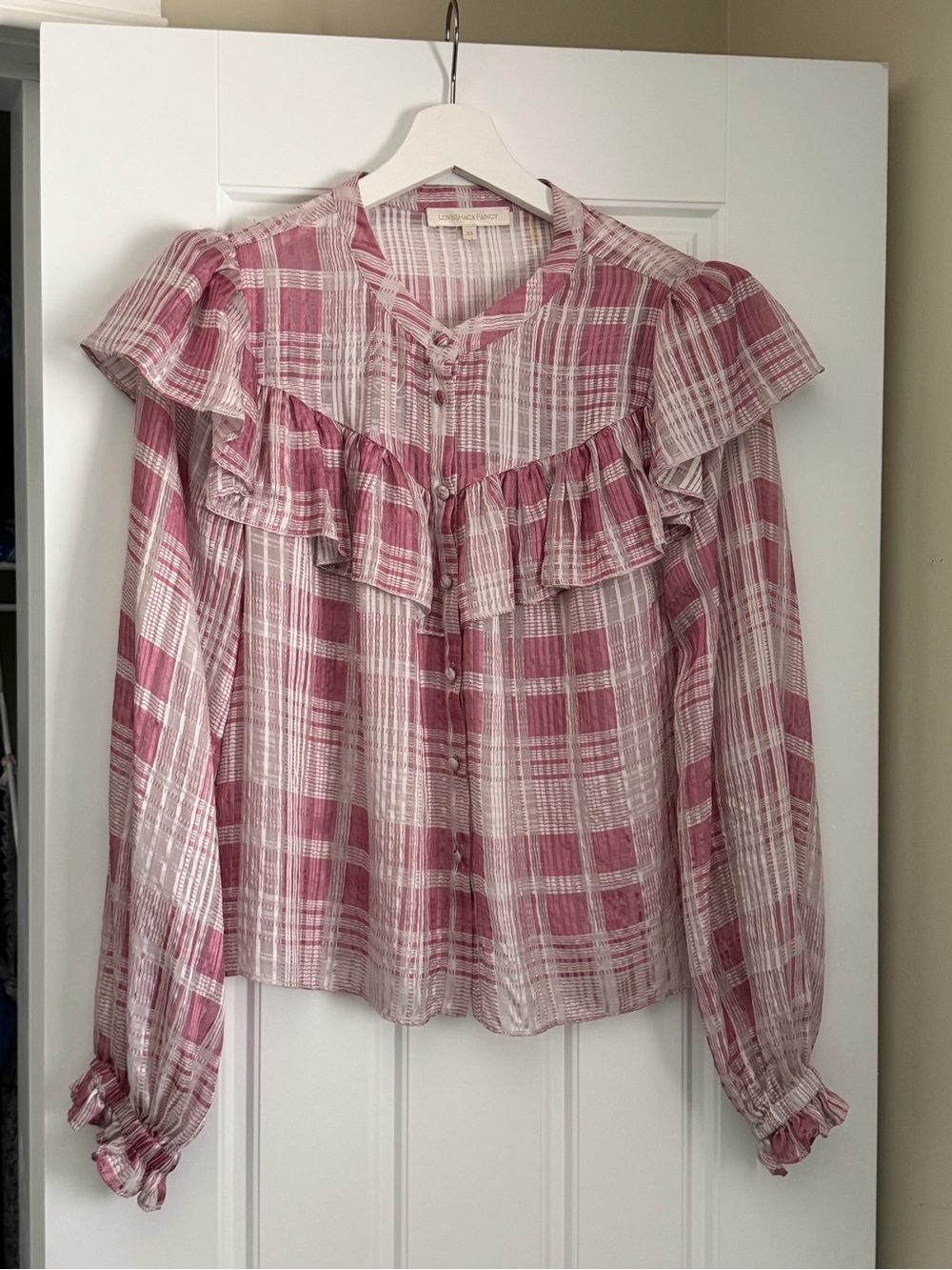 LoveShackFancy Pink and White Plaid Ruffle Button-Front Blouse